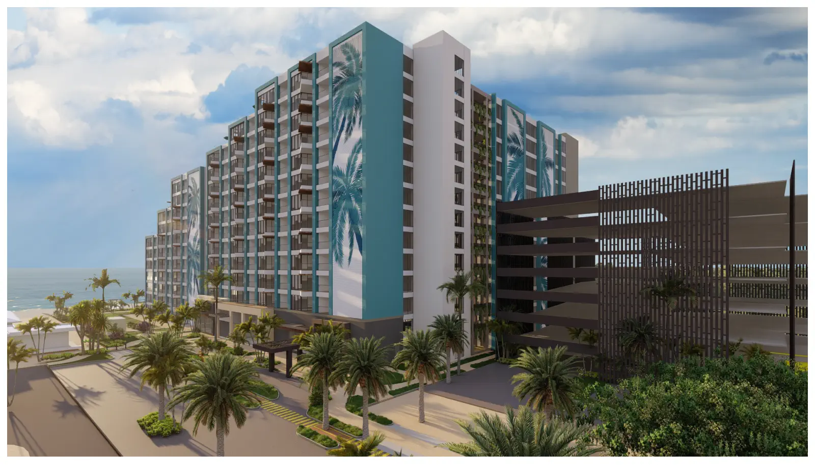 Margaritaville - Resort & Residences - Panoramic view of the rear facade of a seaside condominium